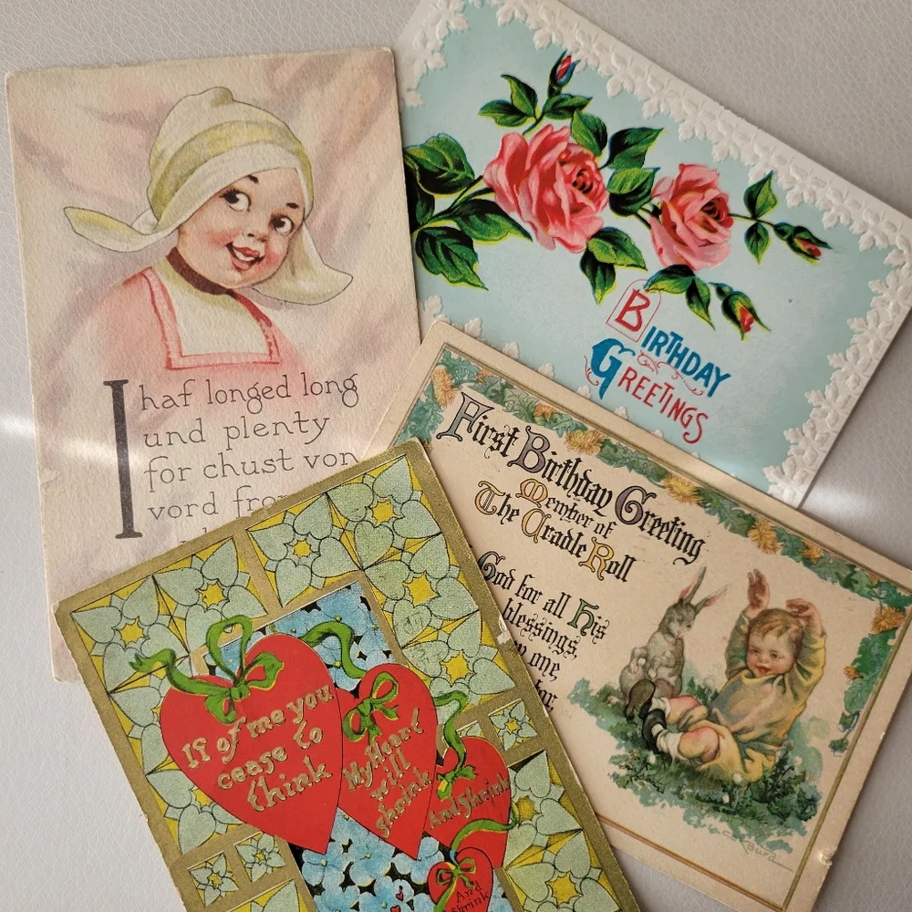 Antique Postcards ~ Early 1900's ~ Dutch Girl ~ Birthday ~ Valentine Hearts